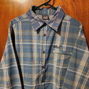Men's XL Jack Wolfskin Blue Plaid Stretch Vented Long Sleeve Button Down Shirt